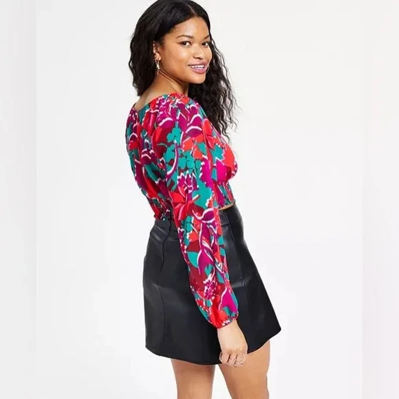 Bar III Printed Smocked-Hem Peasant Top Women’s Size Medium New - Picture 2 of 6